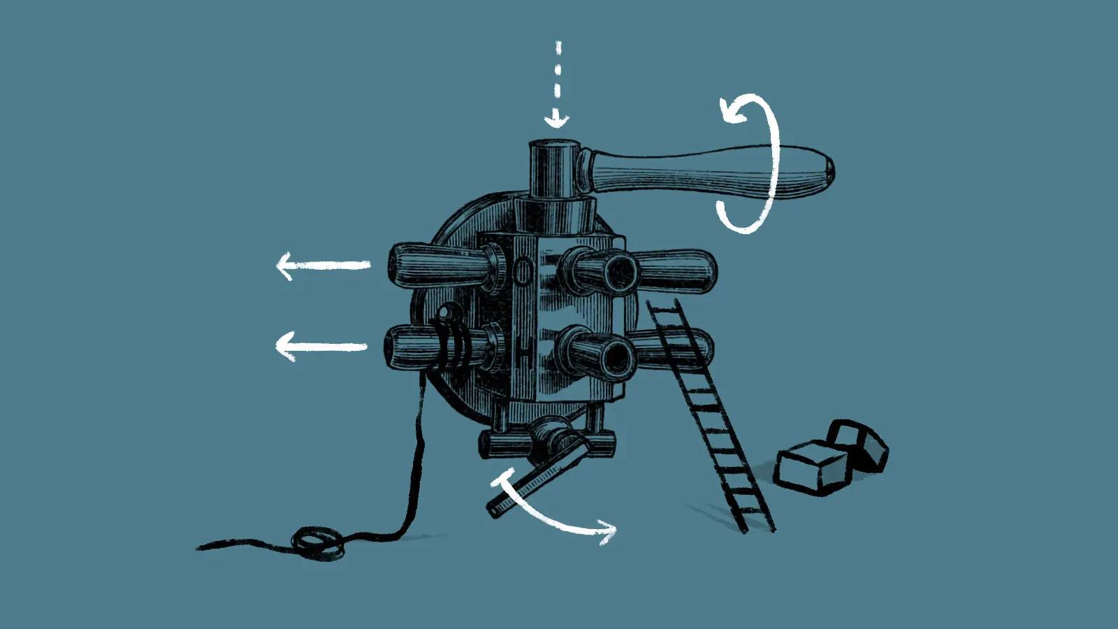 Mechanical plugin assembly with arrows showing construction process