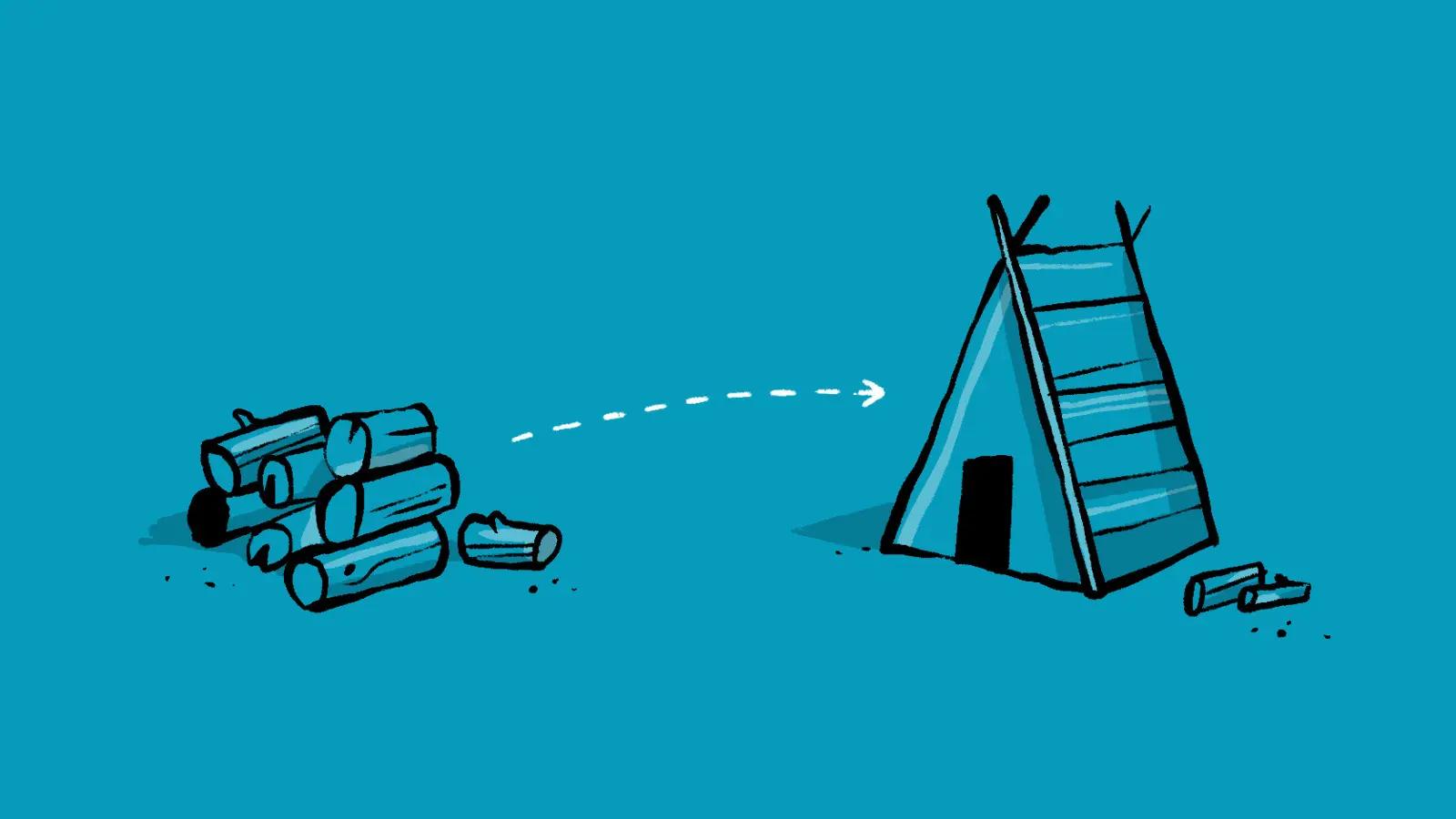 Illustration of logs and tent with arrow showing data flow