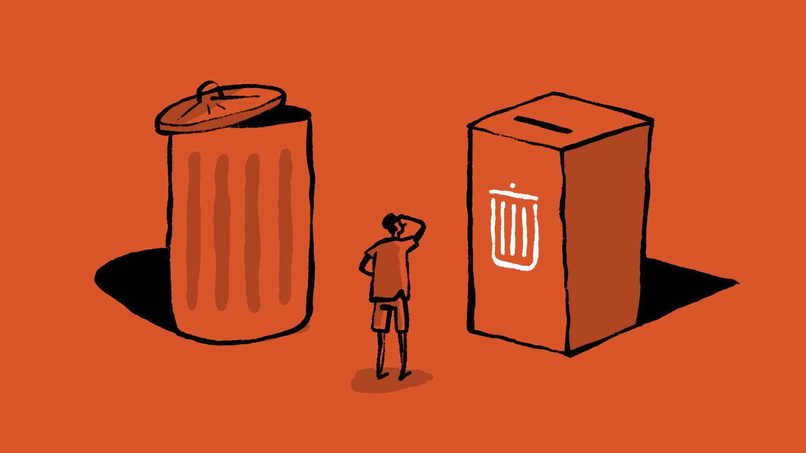 Person standing between trash can and box with delete icon