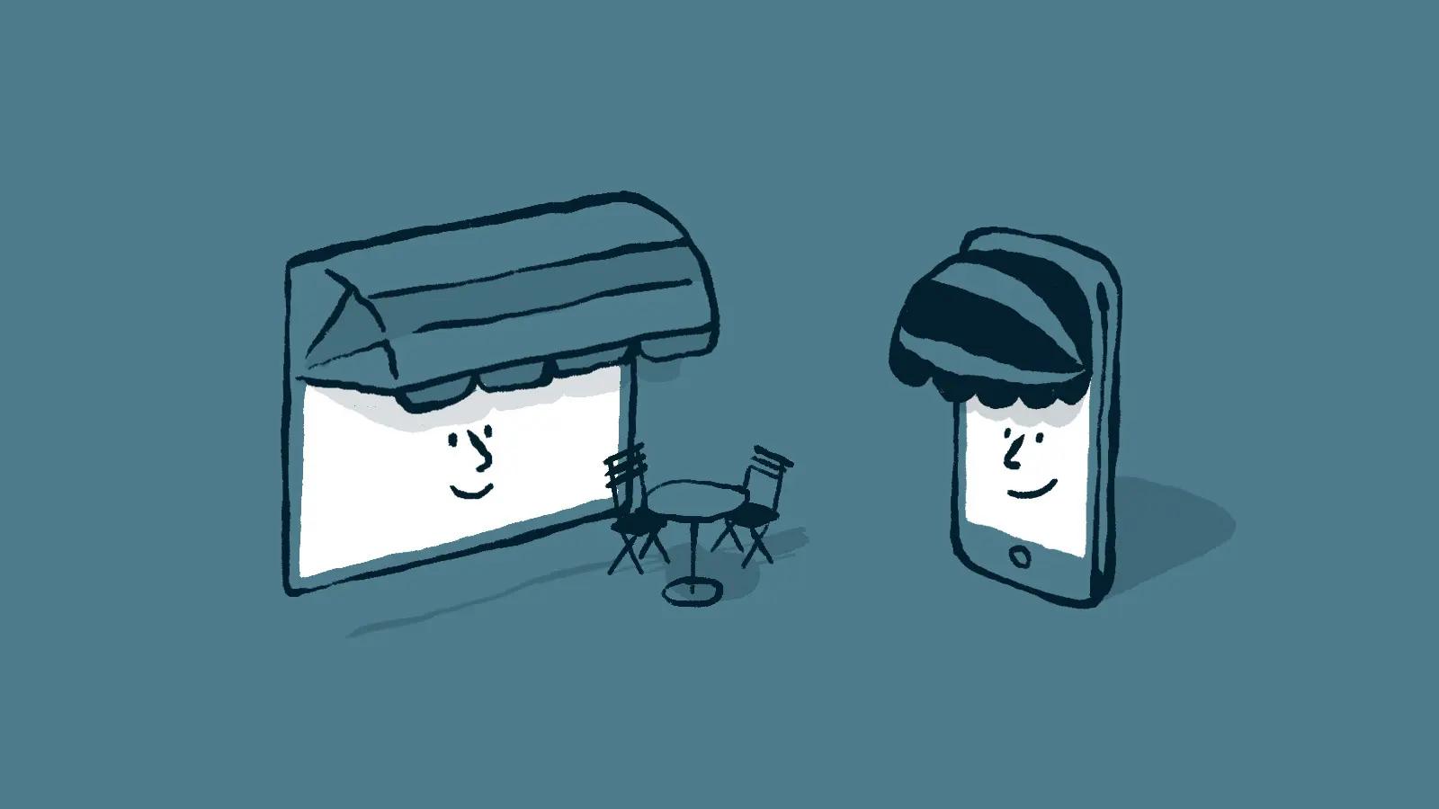 Illustration of storefront and mobile phone representing digital transformation