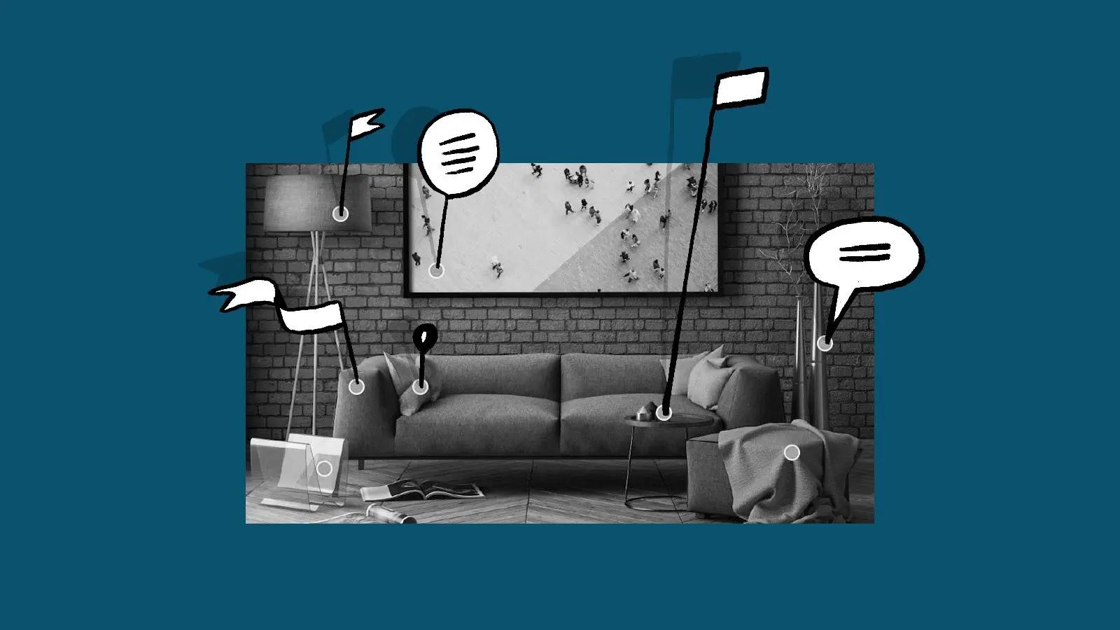 Illustration of living room with pinned locations on wall photo