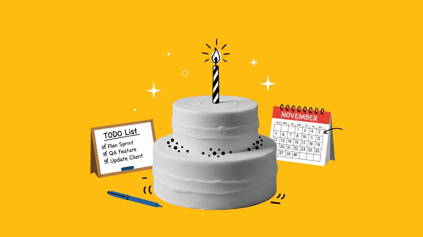 A photo of a cake with a single hand drawn candle on top, a todo list and calendar are to the side