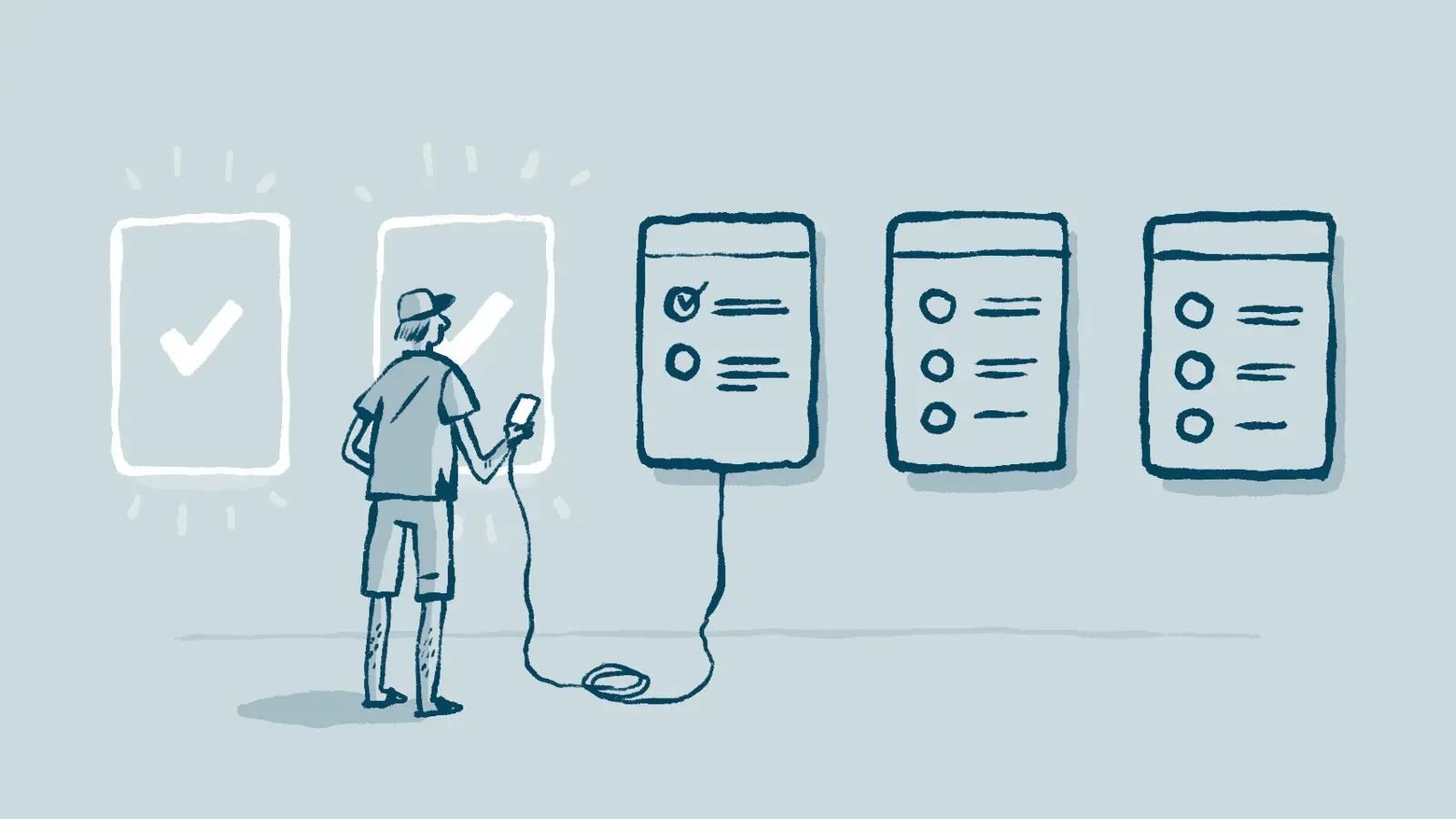 Person reviewing audit checklists displayed on scrolls