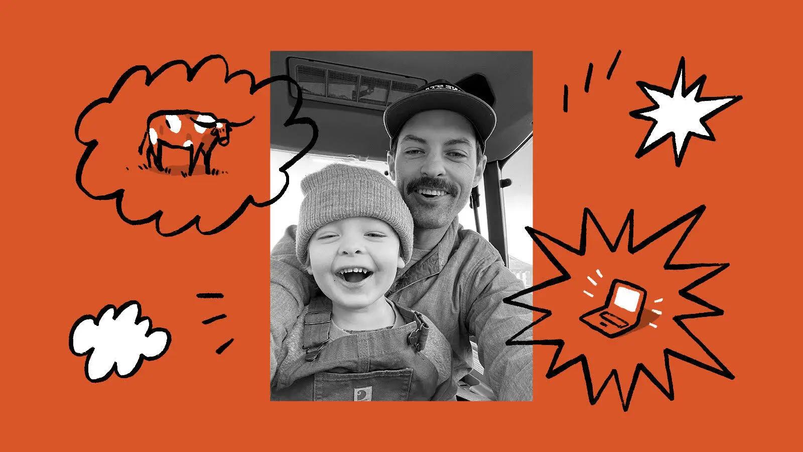 Photo of Garrett with child surrounded by illustrated ranch symbols