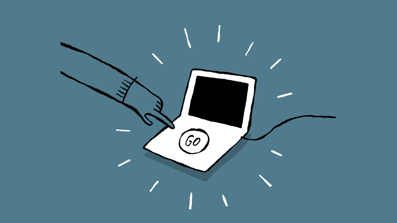 Illustration of hand pointing at laptop with go button