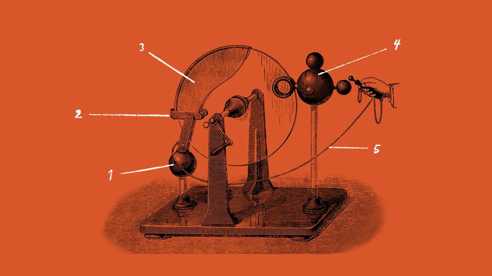 An abstract illustration of old machinery with 5 parts labelled