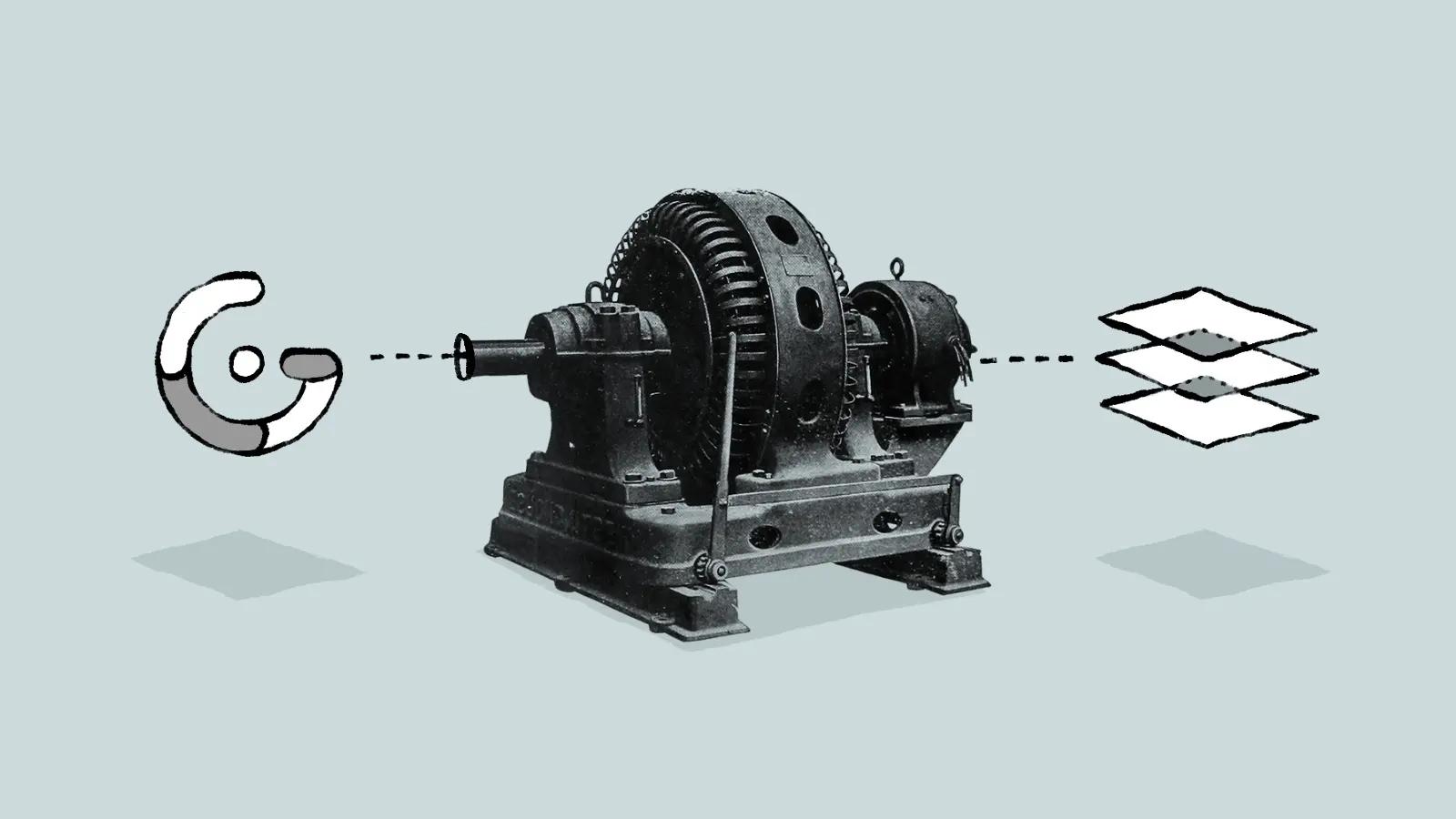Gridsome logo connected to generator producing layered pages