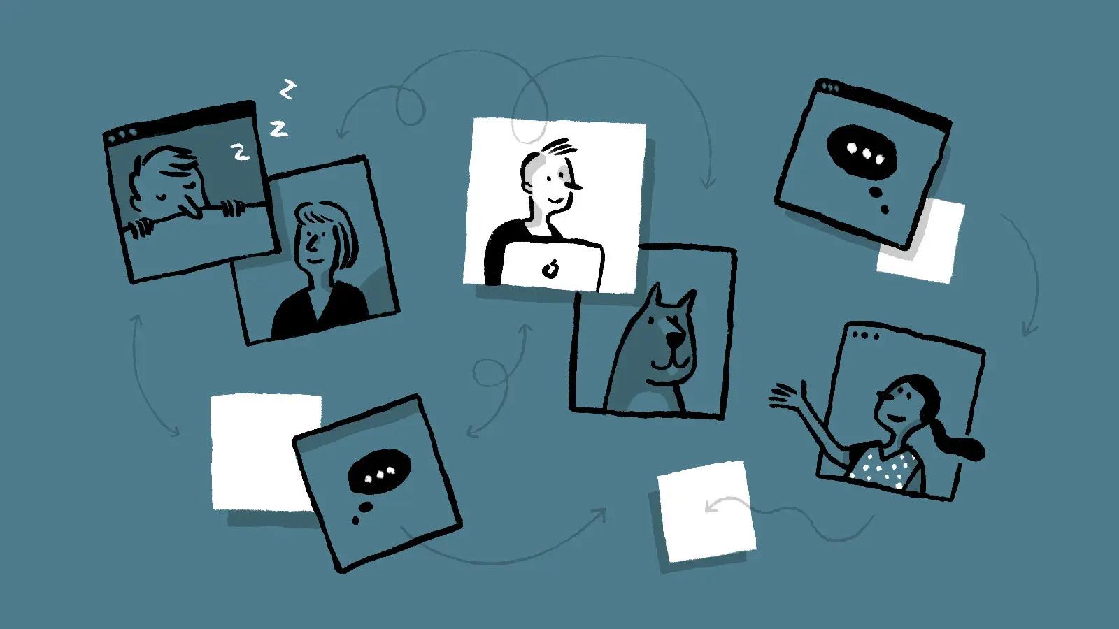 Illustration of team members connecting through video calls across timezones