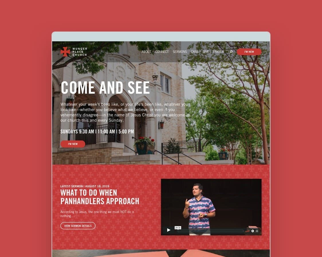 A red themed church website called Munger Place Church