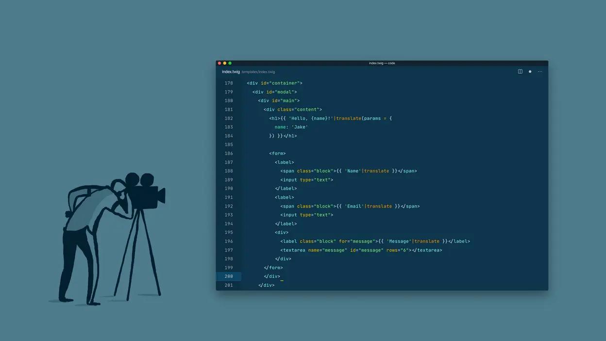 Code editor showing translation filter example with cameraman silhouette