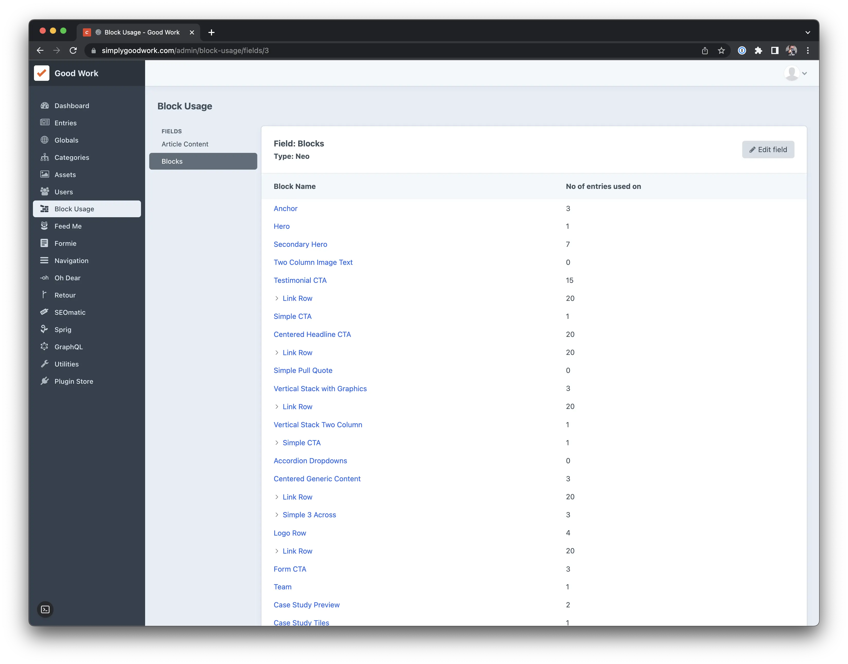 Screenshot of Block Usage plugin within Craft CMS
