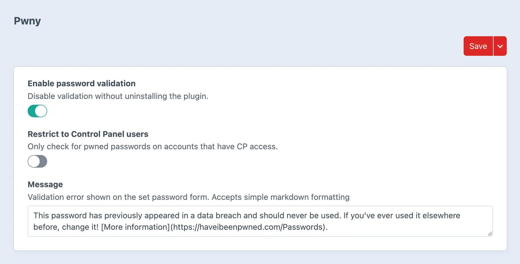 Pwny settings in Craft Control Panel