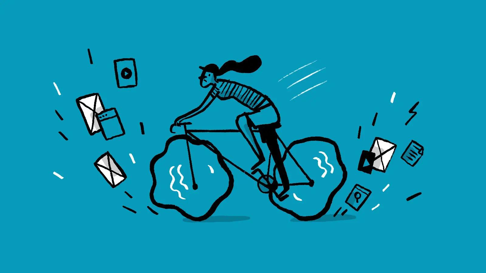Illustration of person cycling fast with documents flying around