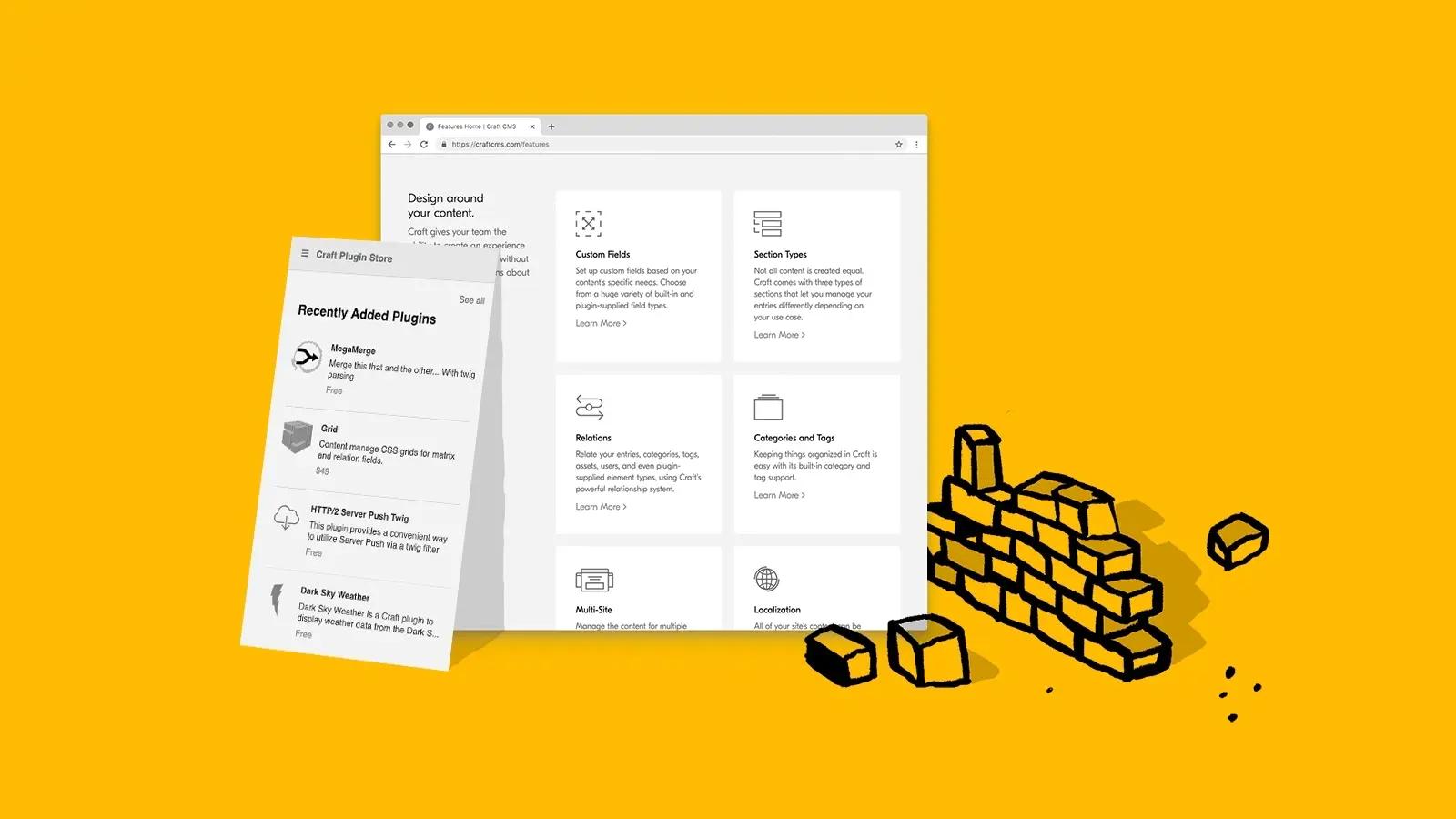 Illustration of Craft CMS interface with modular building blocks