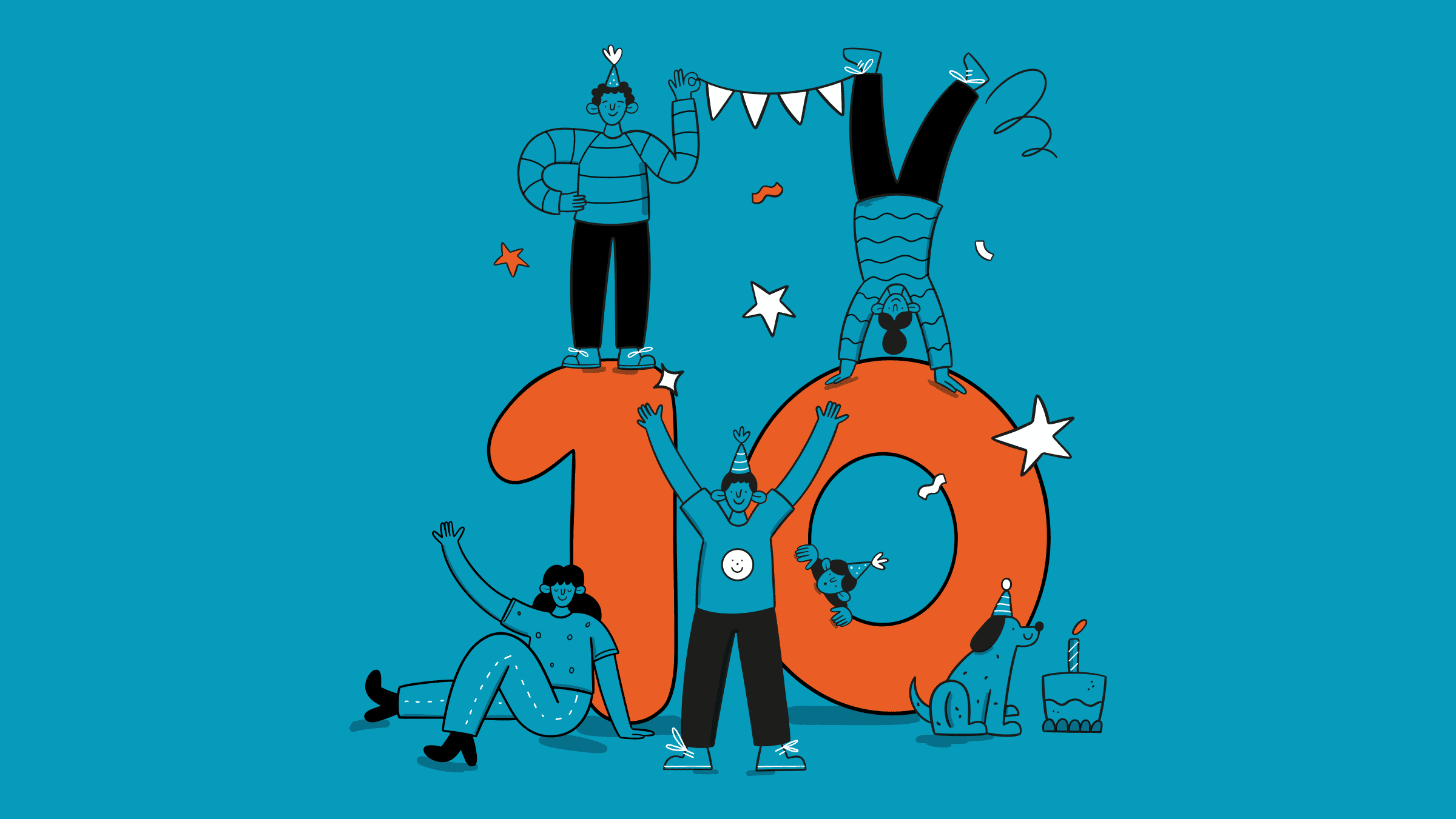 Illustration of team members celebrating around number ten
