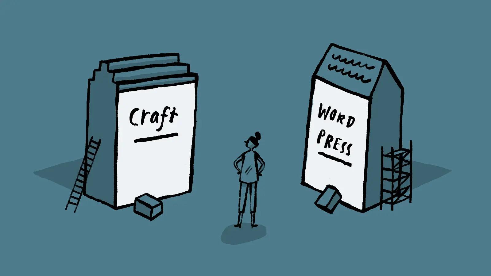 Illustration of person choosing between Craft and WordPress platforms