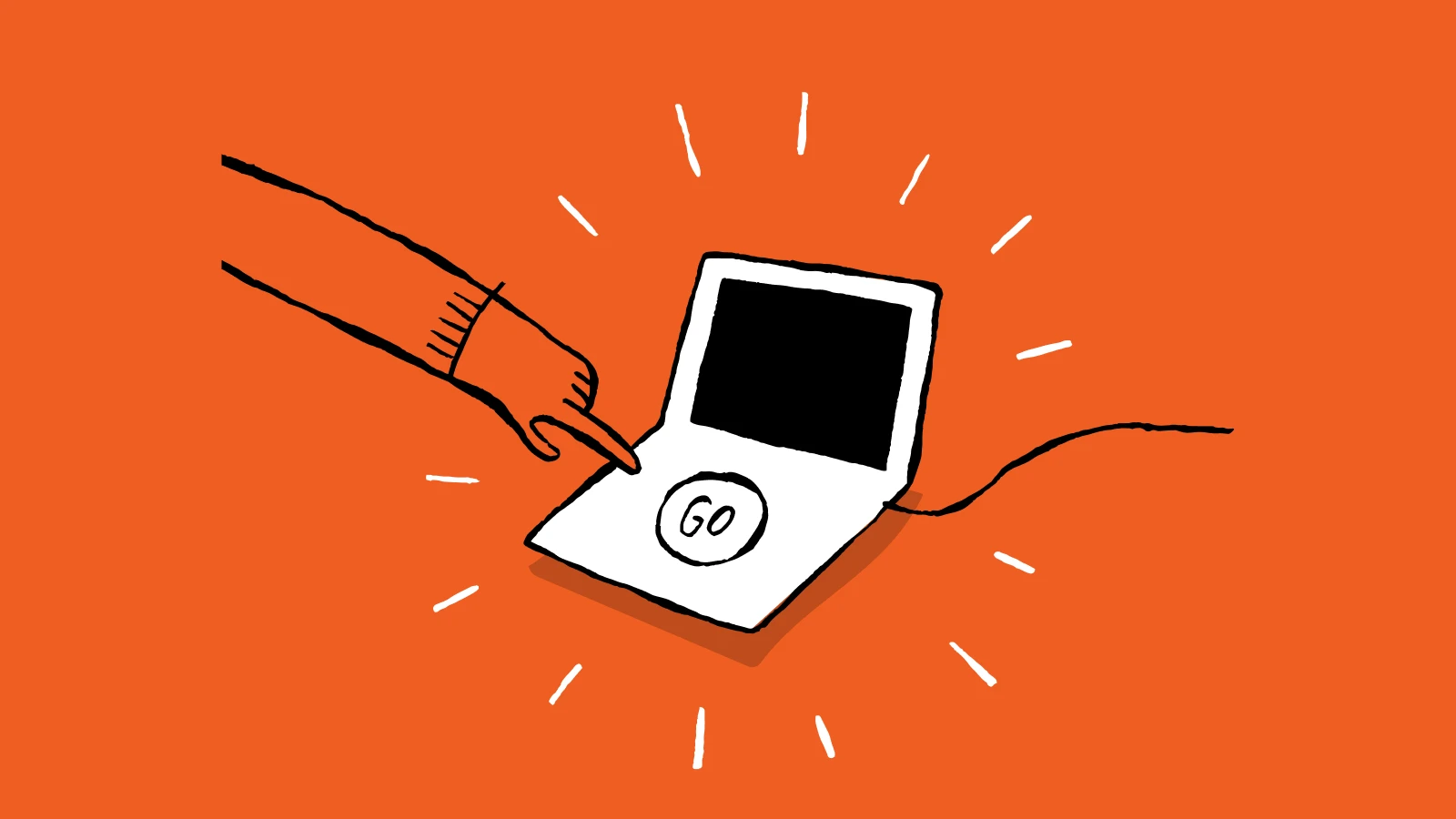 Illustration of hand pointing at laptop with go button