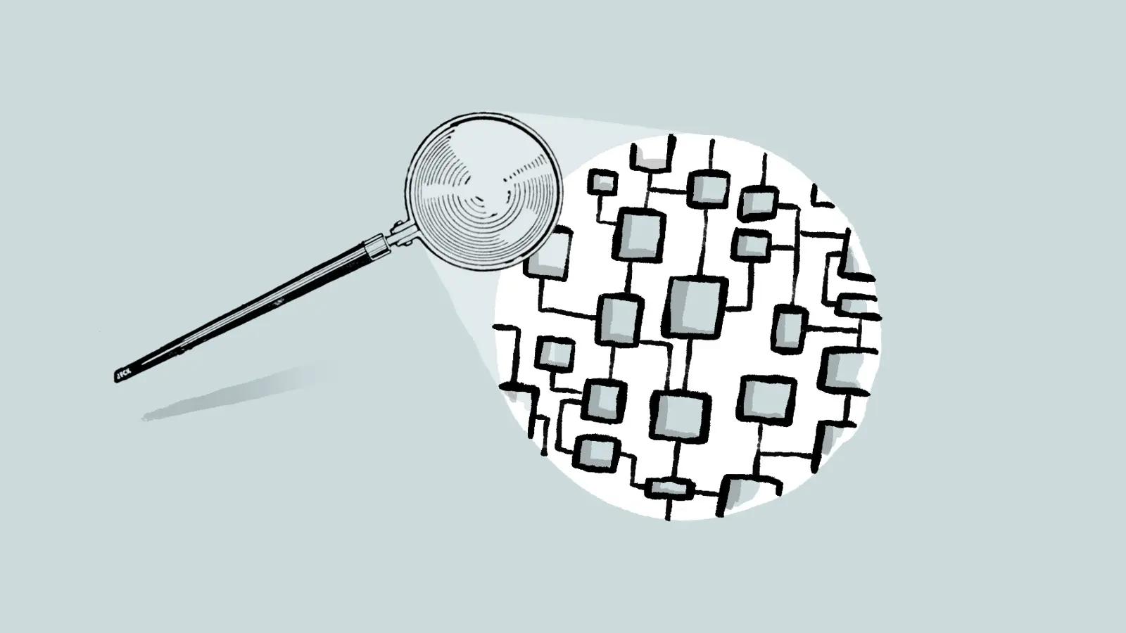 Magnifying glass examining website structure diagram