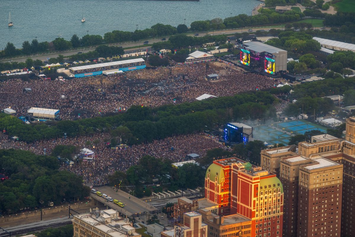 Aerial view of a large outdoor music festival in Chicago