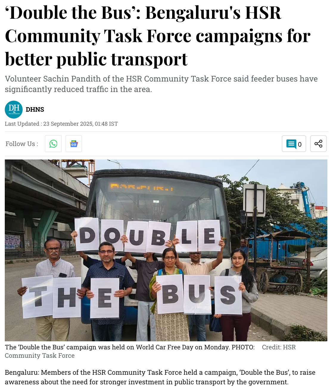 ‘Double the Bus’: Bengaluru's HSR Community Task Force campaigns for better public transport