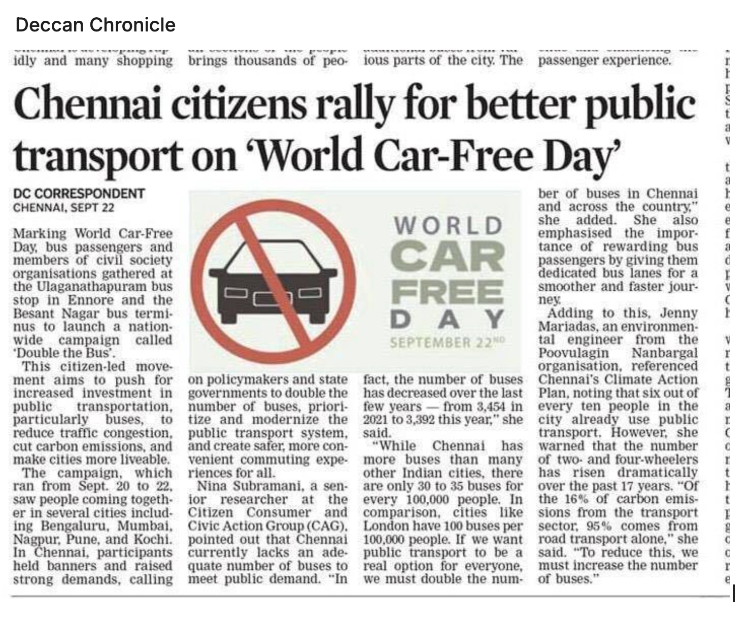 Chennai citizens rally for better public transport on ‘World Car-Free Day’