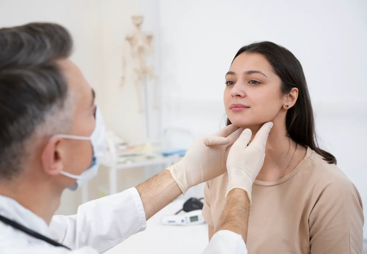 Médico con mascarilla y guantes palpa el cuello de una paciente