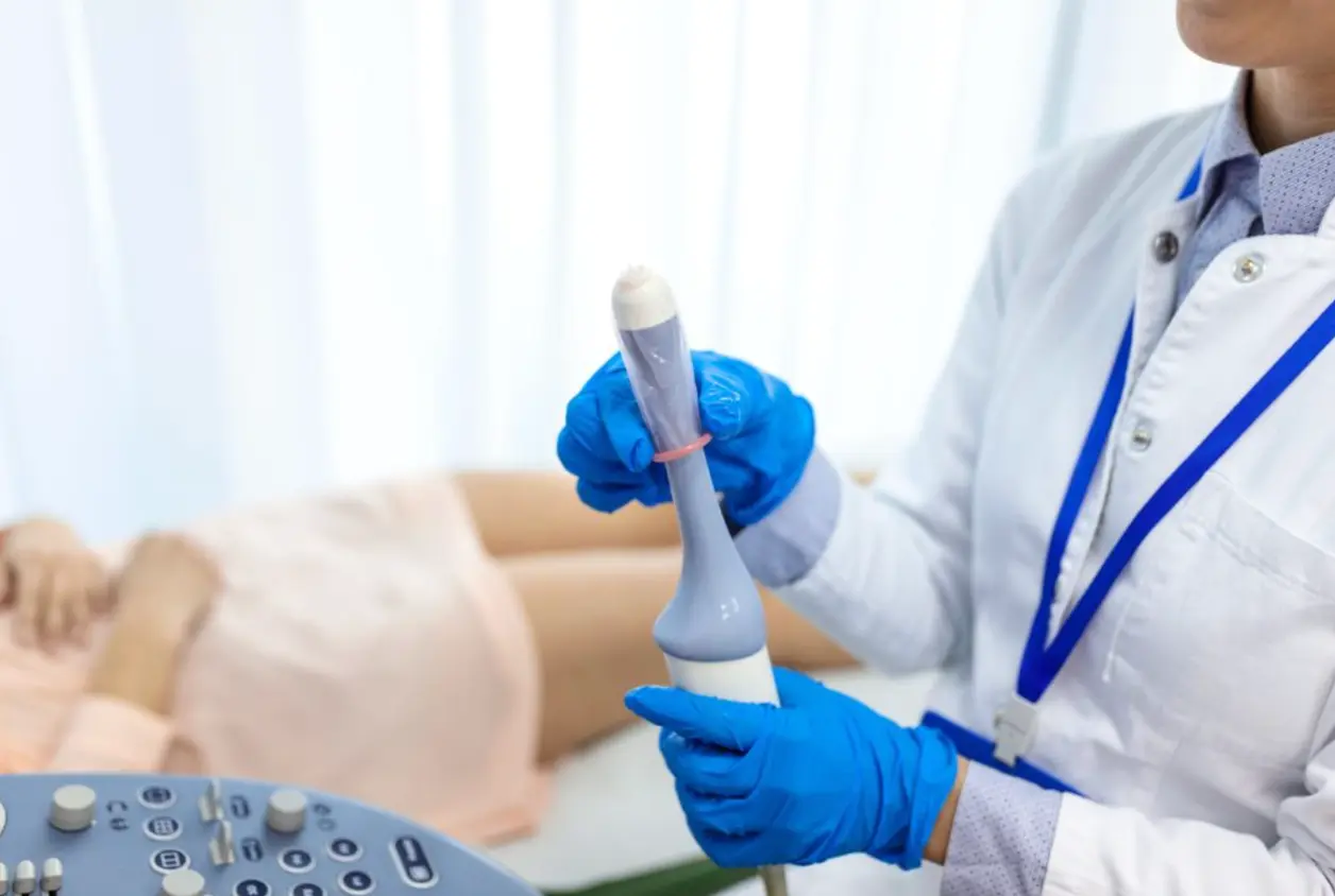 Ginecóloga sostiene una sonda de ecografía transvaginal junto a una paciente tumbada