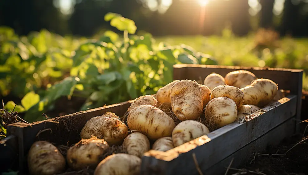 Caja de madera con patatas recién cosechadas en un campo al atardecer