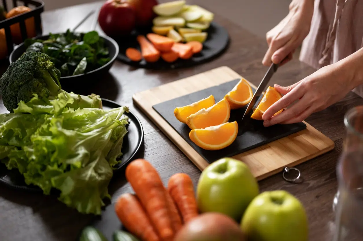 Manos cortan naranjas en una tabla rodeadas de verduras y fruta fresca