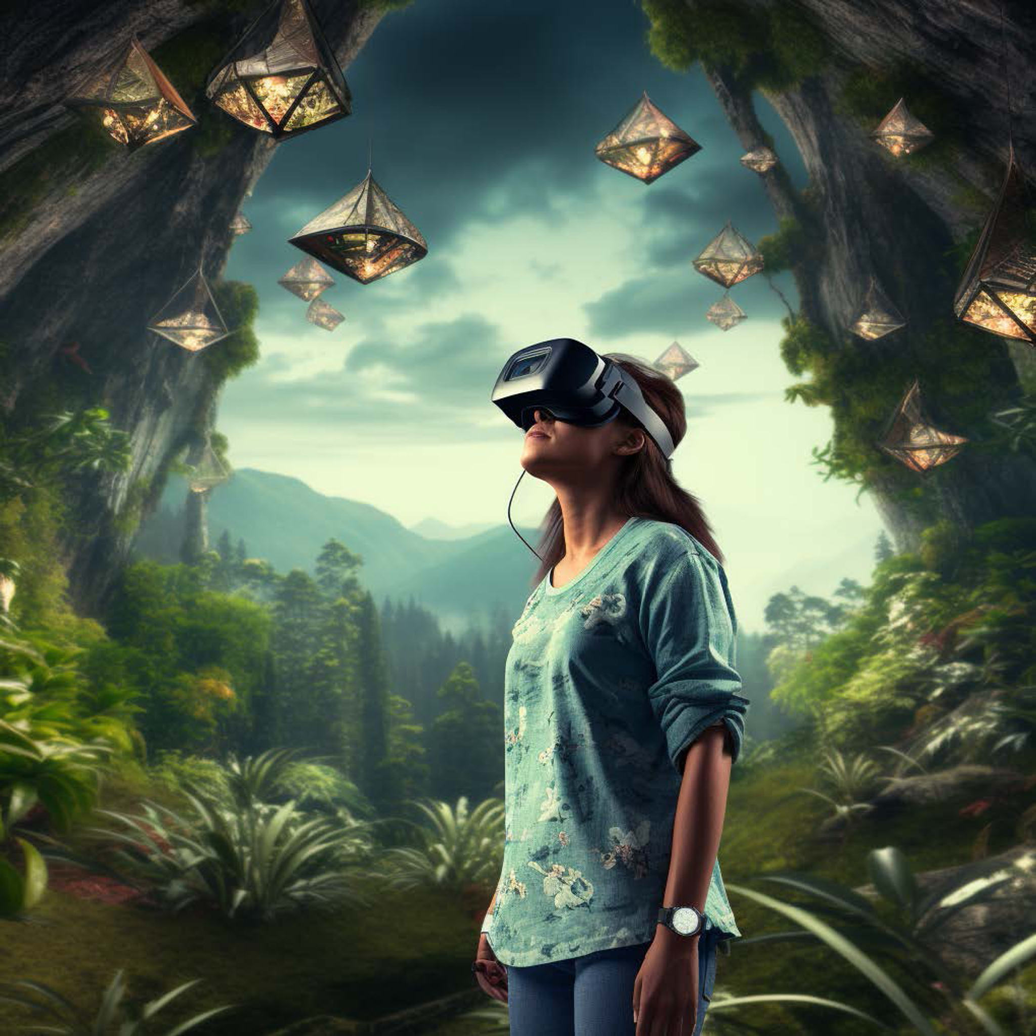 AI produced photo portraying a girl wearing a VR-Headset. The background that she is on being what she is seeing through the headset. Edited by Midjourney
