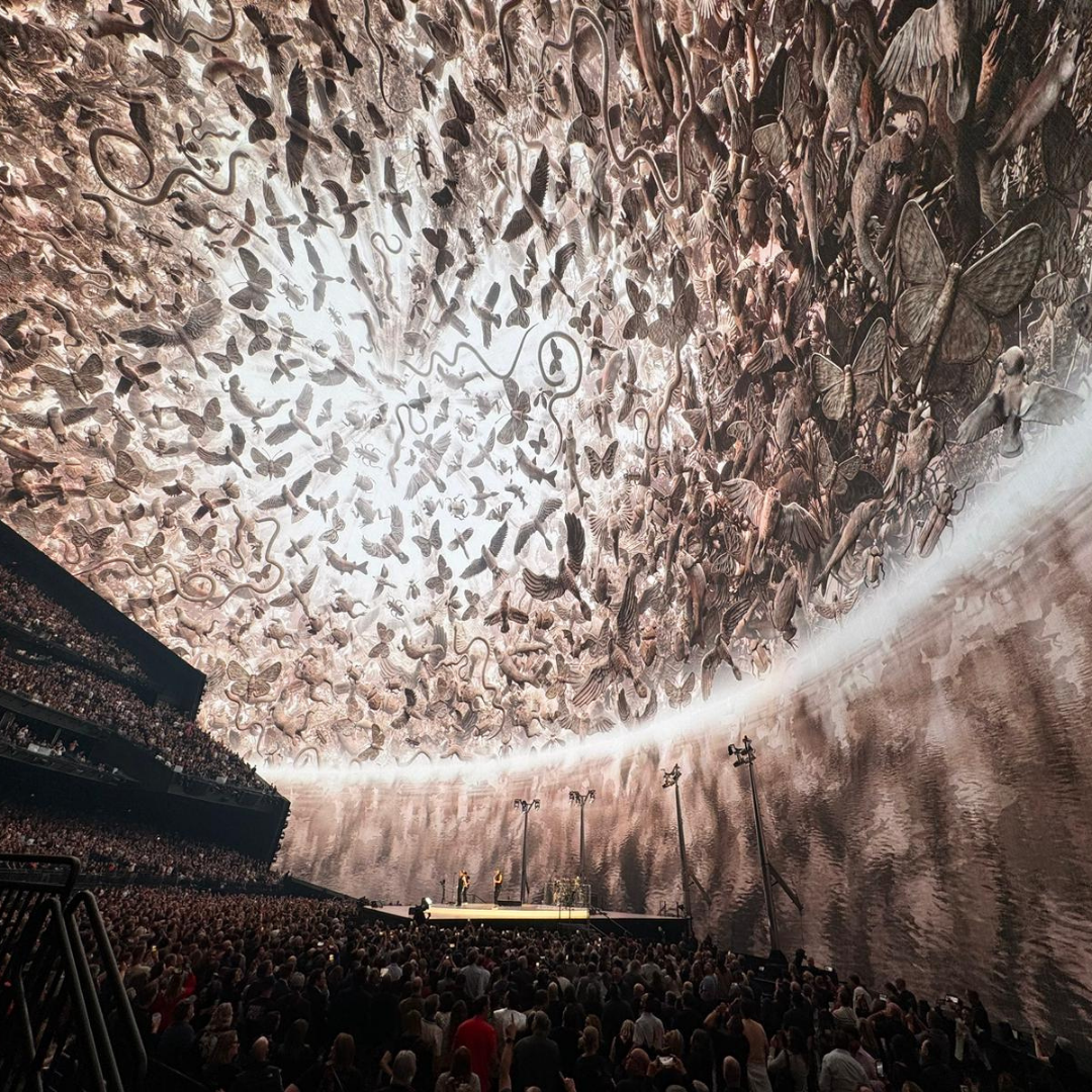 The U2Dome in Las Vegas envelops the audience with a floor-to-ceiling visualization of birds and figures