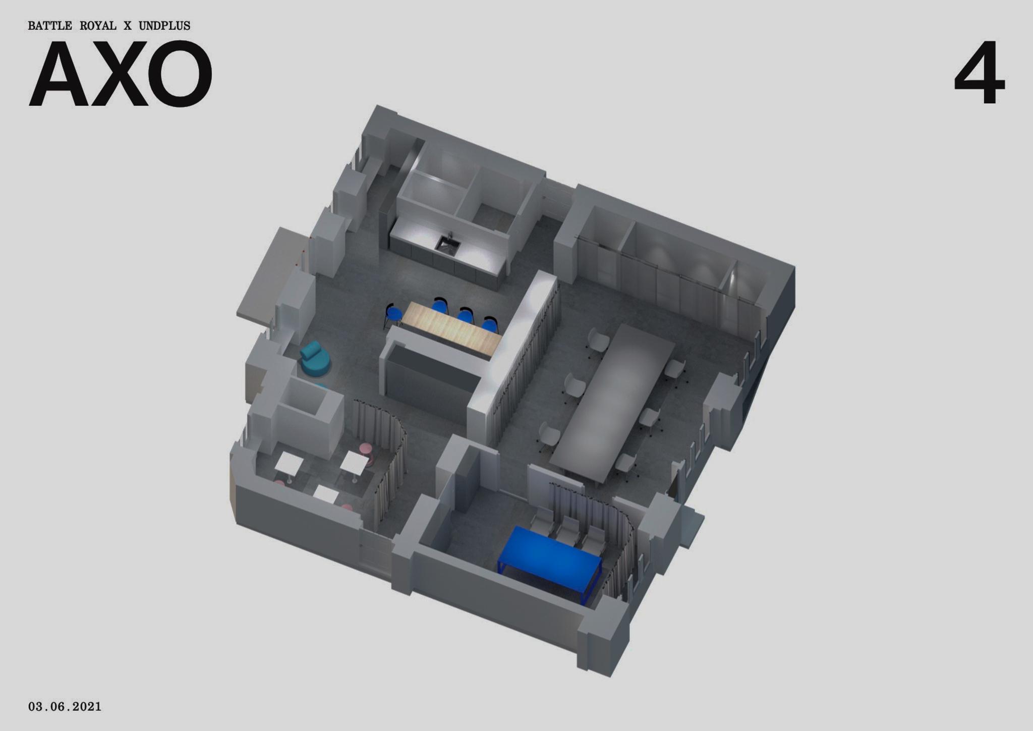 A 3D model of Battle Royal Studios' Berlin office. Gray with blue accents. The number 4 is in the right corner and "Battle Royal x Undplus AXO" is in the left corner, the date "03.06.2021" in the bottom left corner.