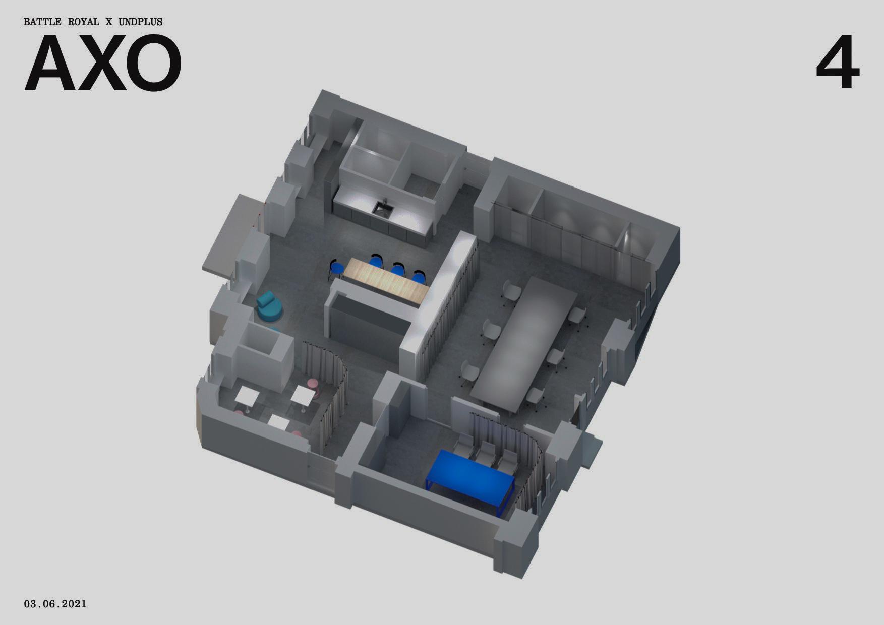 A 3D model of Battle Royal Studios' Berlin office. Gray with blue accents. The number 4 is in the right corner and "Battle Royal x Undplus AXO" is in the left corner, the date "03.06.2021" in the bottom left corner.