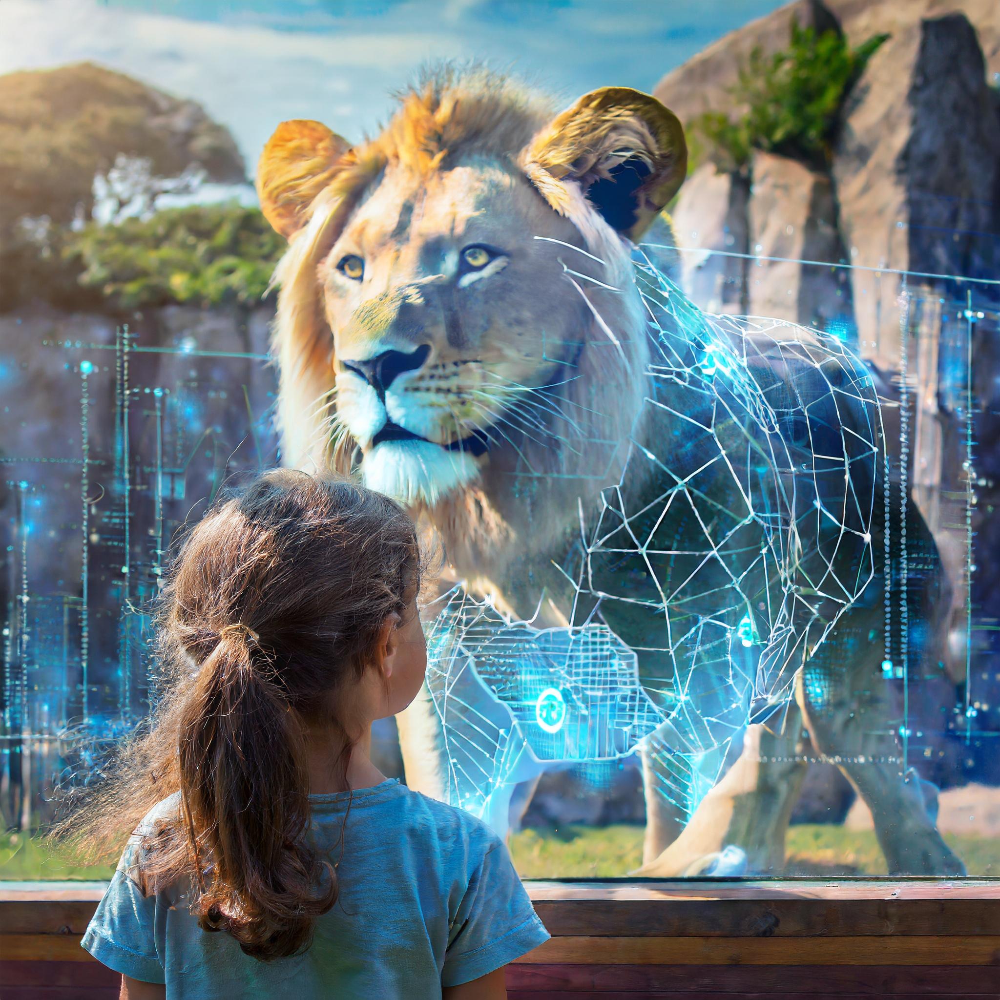 Ai produced little girl stands in front of a projected lion and they look at each other at the Holographic Age Event from Battle Royal Studios