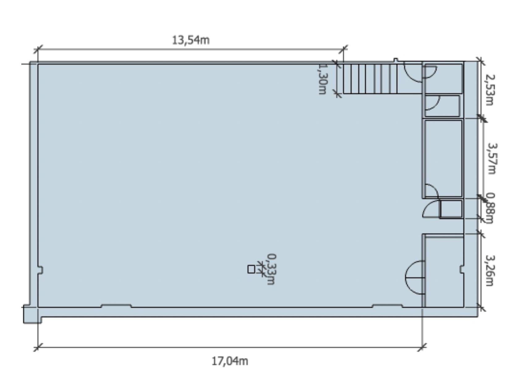 A floor plan of the studio. The main space is 17x10m, and 4 smaller rooms are 2,53m, 3,57m, 0,88m and 3,26m respectively.