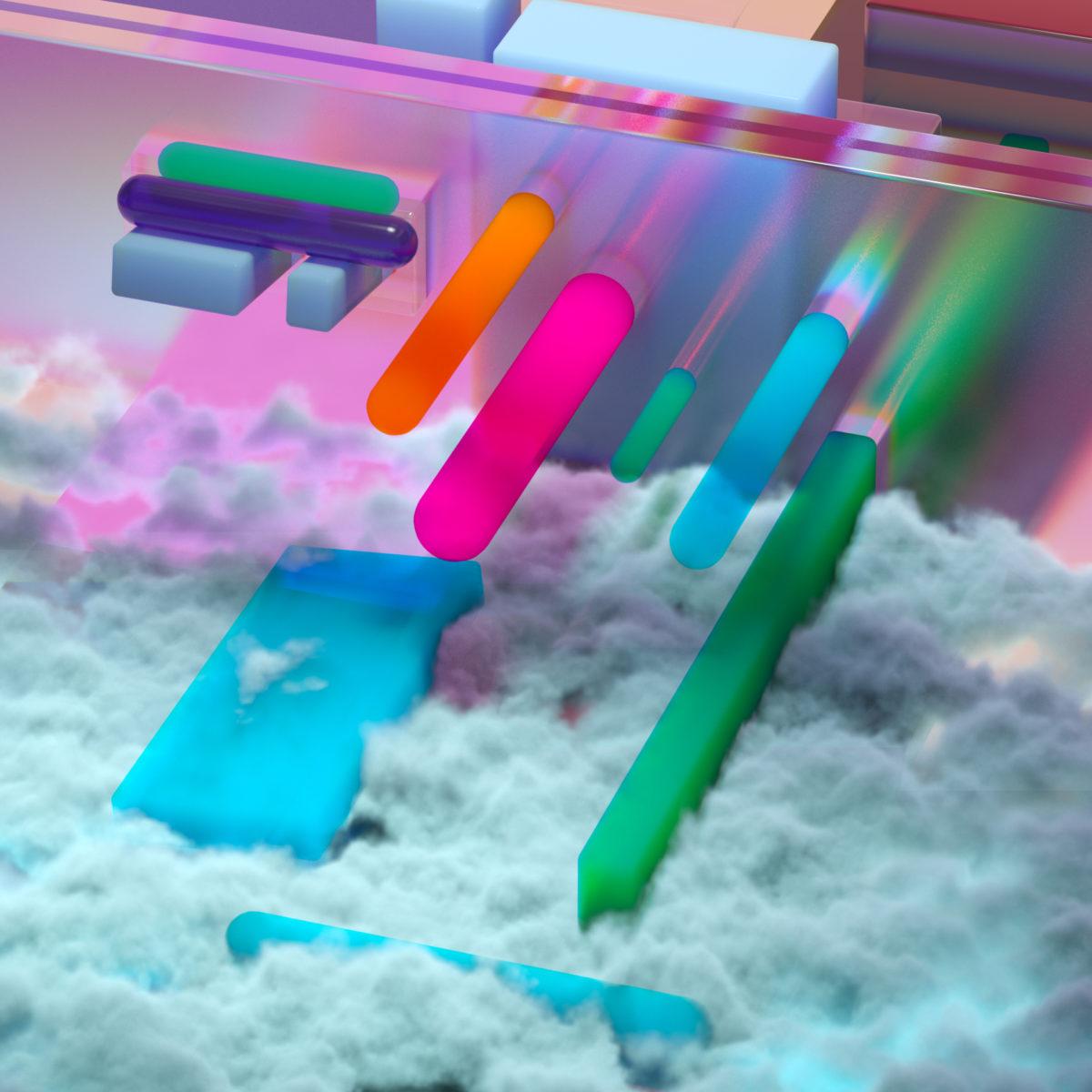 A 3D art image of multi colored cylinders emerging from pink incandescent glass into a puff of blue clouds.