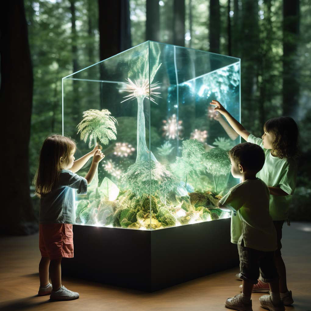 AI produced photo portraying three kids interacting with a display cube. Luminescent flora is inside the diplay cube. Edited by Midjourney