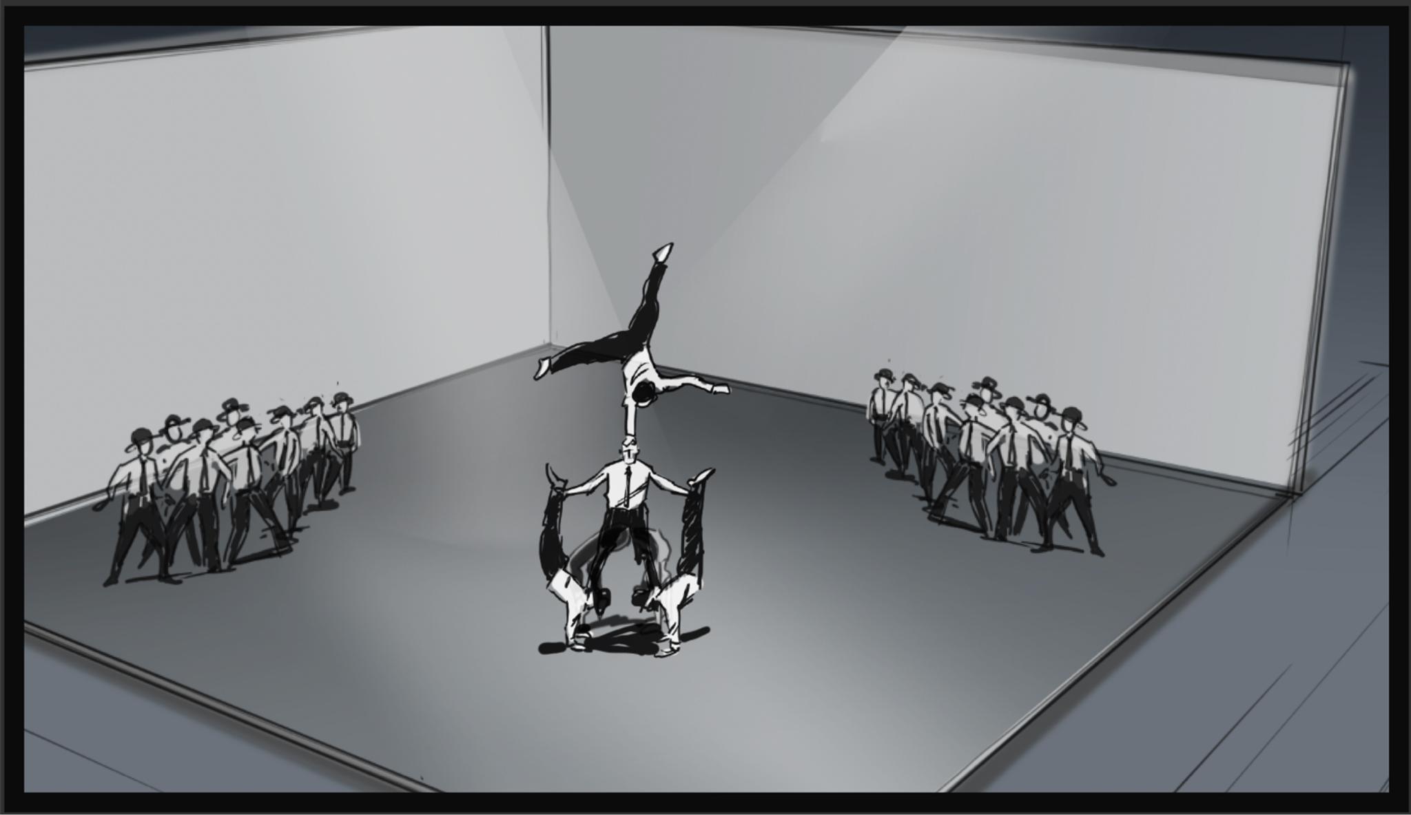 A sketch of the American Express stage. 2 groups of dancers face towards a group where an acrobat is doing a one handed handstand on someone's head, who is standing on two other people who are also doing handstands.