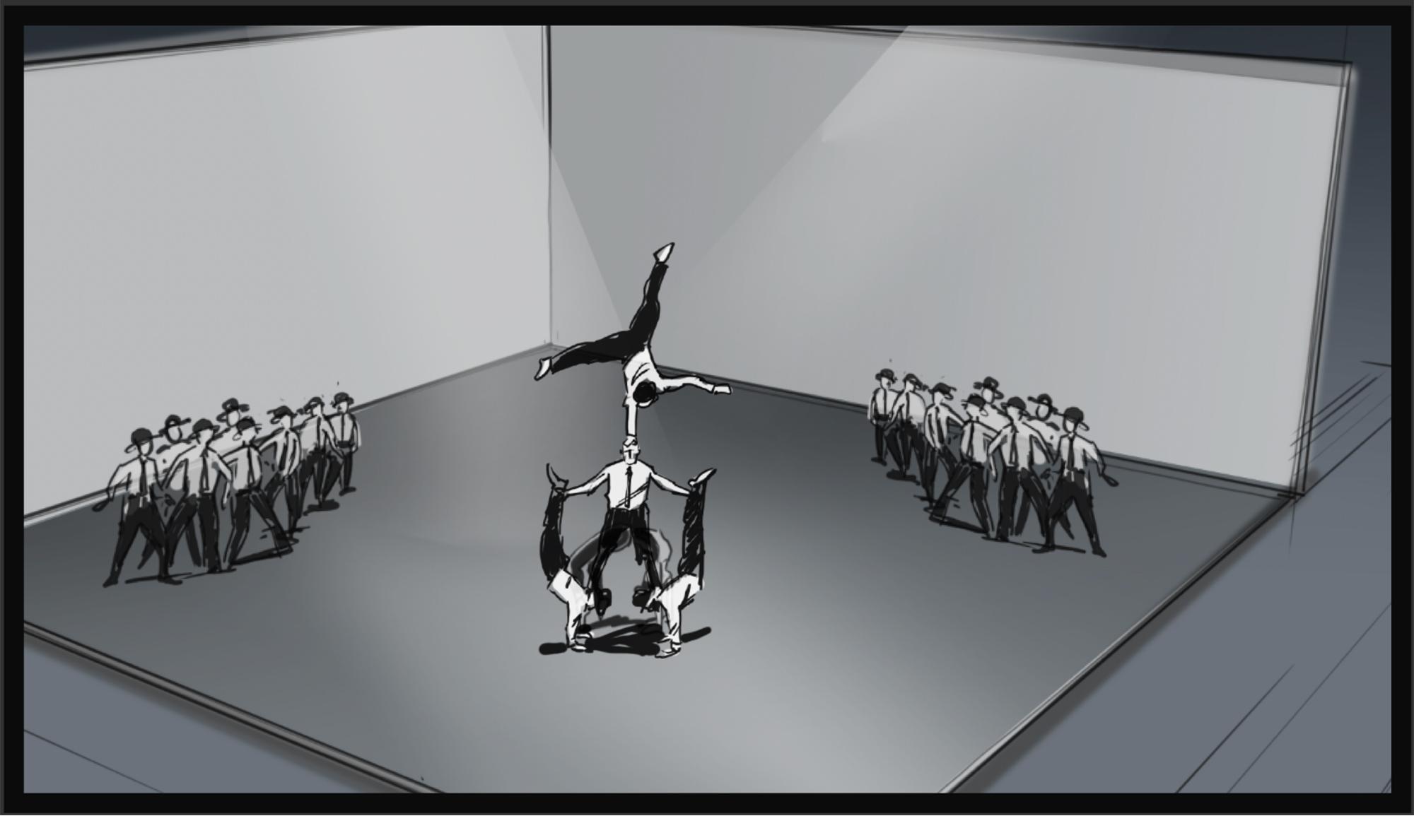 A sketch of the American Express stage. 2 groups of dancers face towards a group where an acrobat is doing a one handed handstand on someone's head, who is standing on two other people who are also doing handstands.