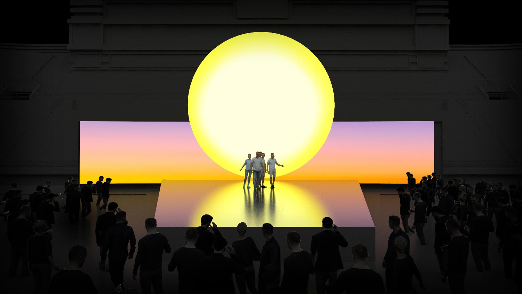 A 3D mockup of the sun in yellow seen more closely.