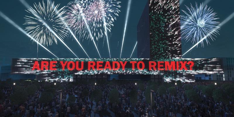 "ARE YOU READY TO REMIX?" is projected on a modern looking building. Fireworks burst above the building and a large crowd looks at these things.