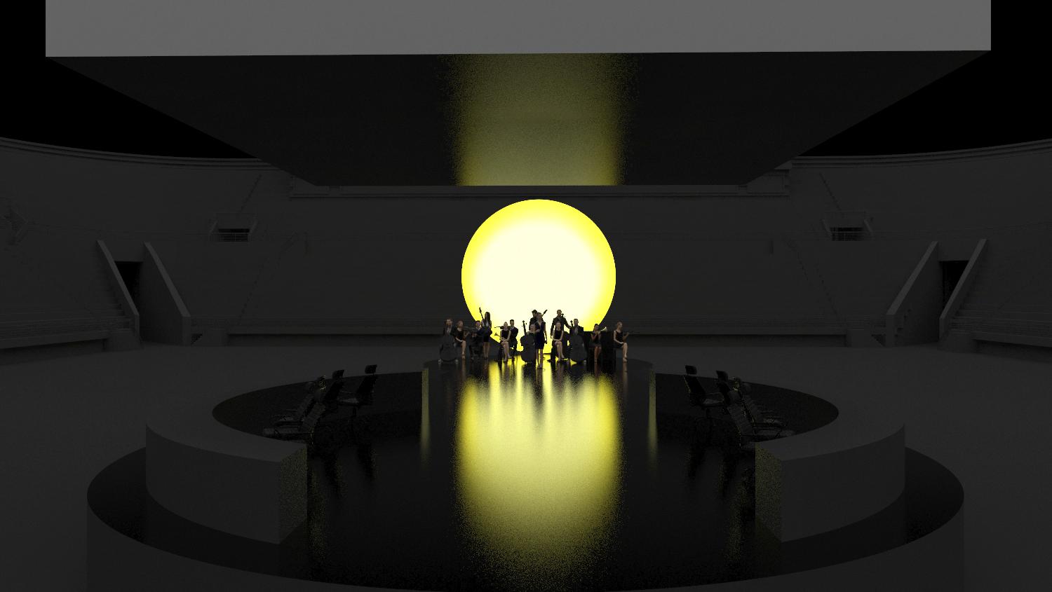 A 3D mockup of the sun in yellow.