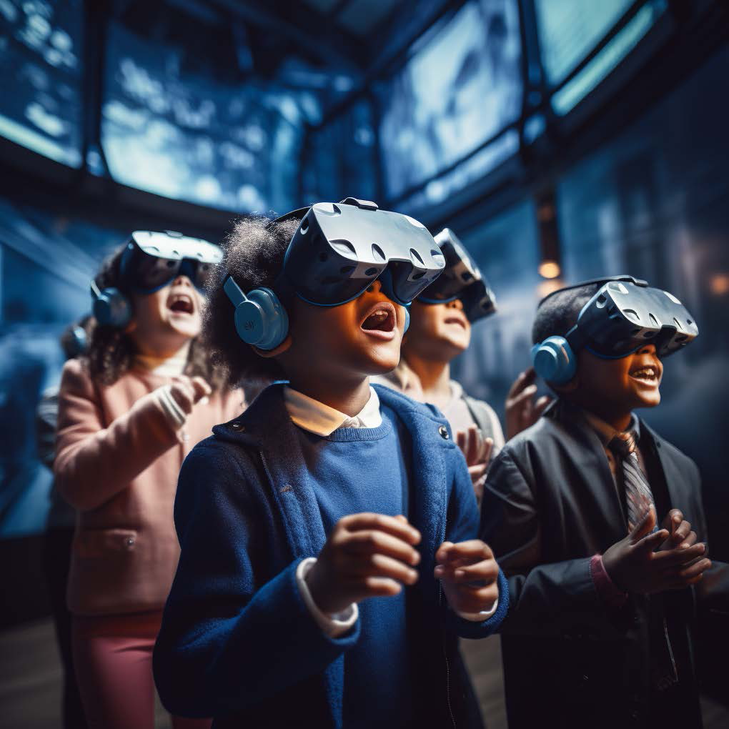 AI produced photo portraying kids wearing VR-Headsets looking astound. Edited by Midjourney