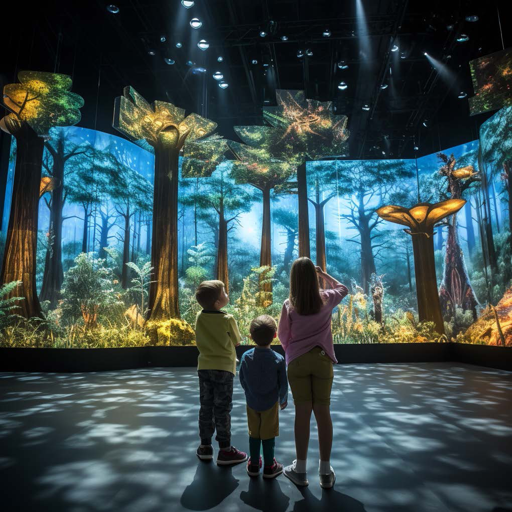AI produced photo portraying three kids standing infront of a wall, on which a luminescent forest is being projected on. Edited by Midjourney