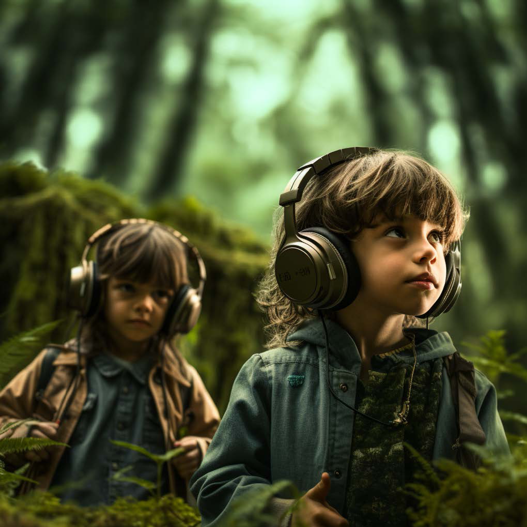AI produced photo portraying two kids wearing headphones wandering a forest. Edited by Midjourney