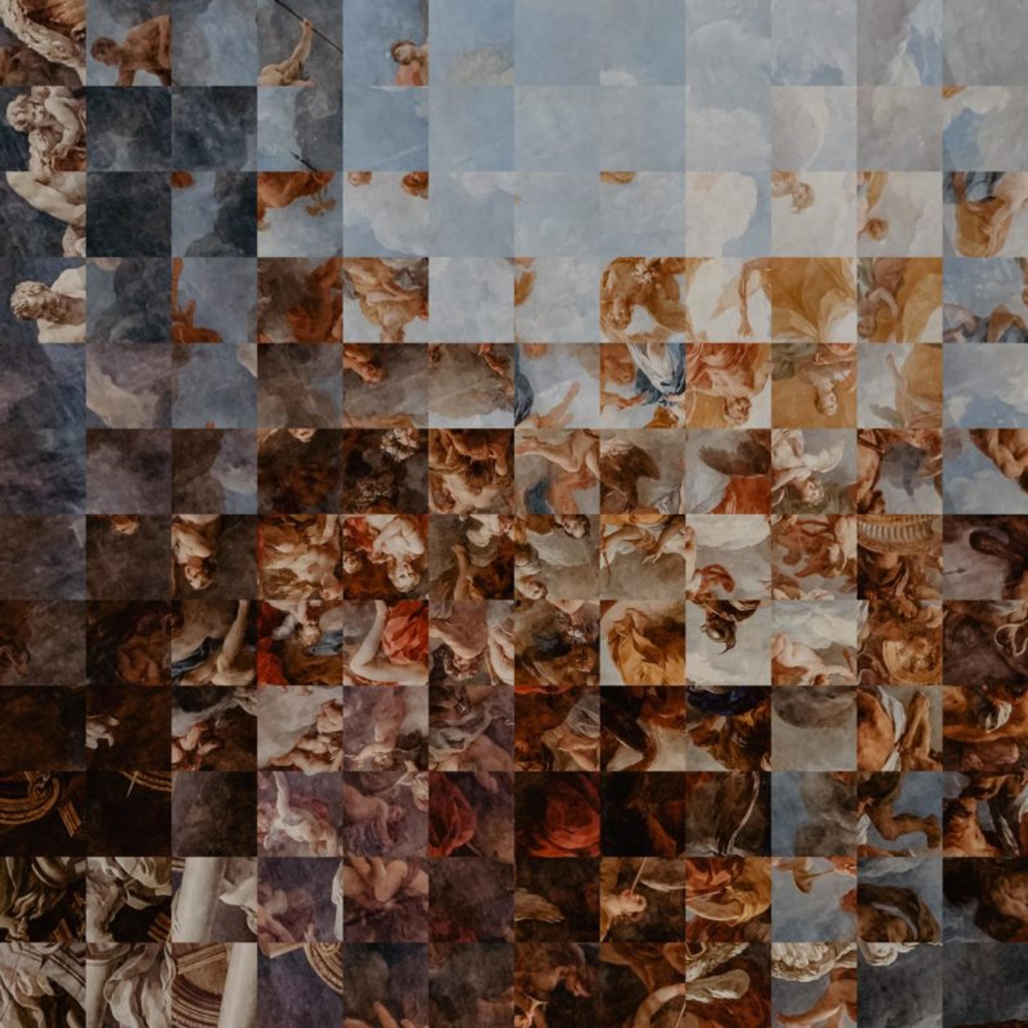An NFT of a celestial renaissance painting redistributed randomly across checkered squares.
