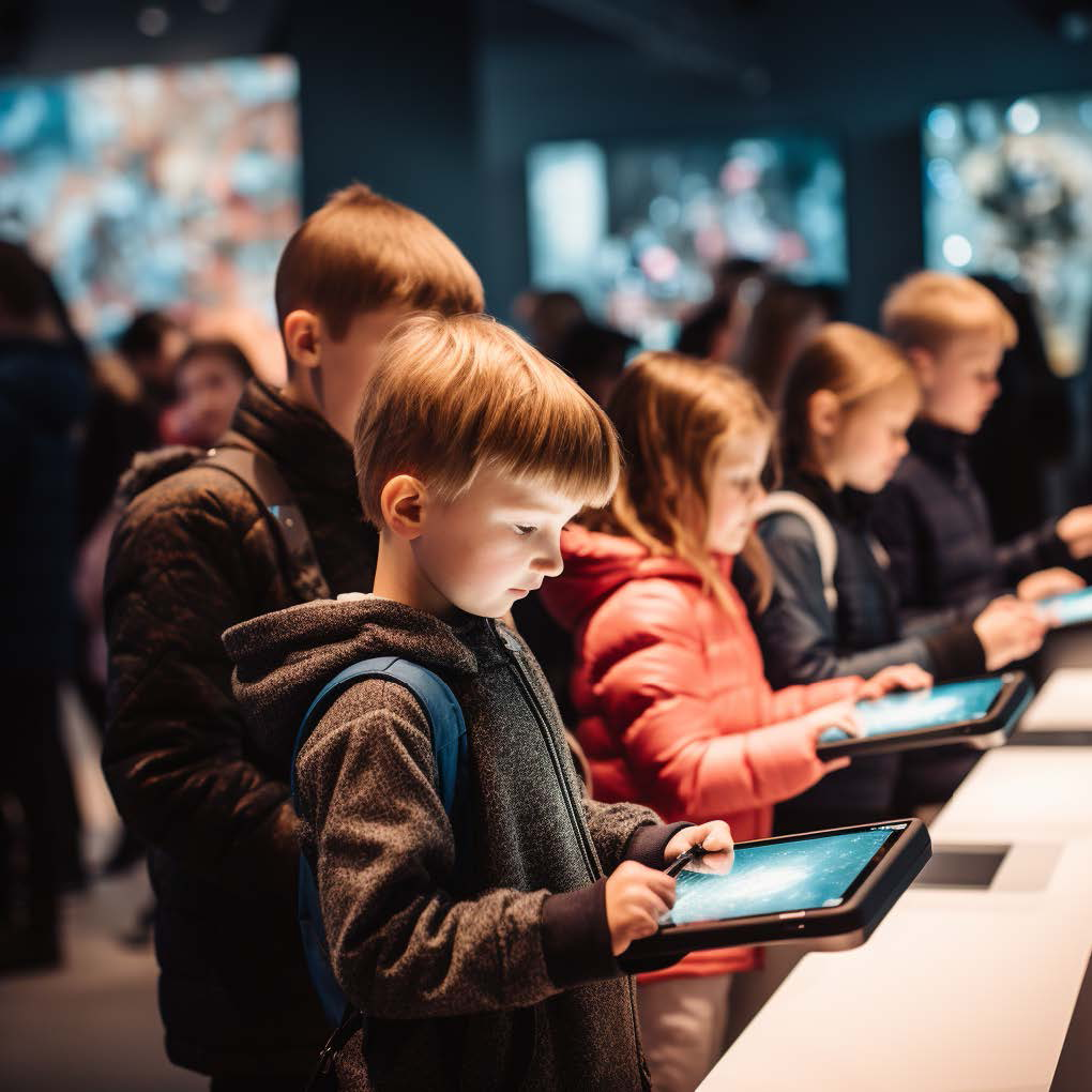 AI produced photo portraying a bunch of kids learning on a tablets. Edited by Midjourney