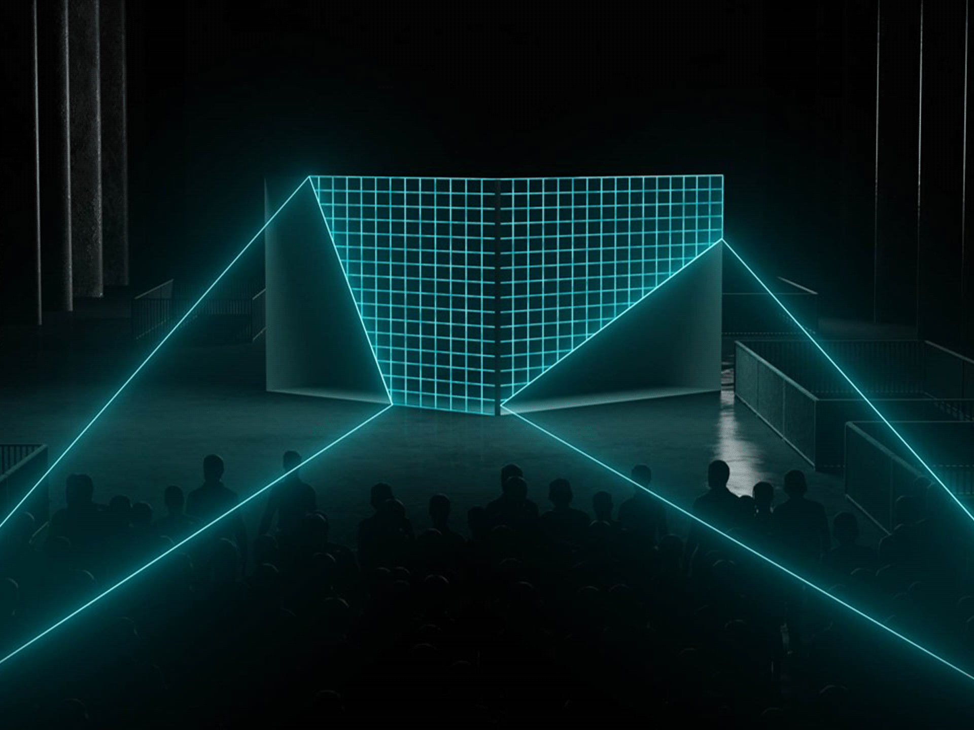 Massive illuminated cube in the middle of Berlin's Kraftwerk at the Battle Royal Studios event for a fortune 500 client. Rays of light are projected onto the cube drawing an image onto it.