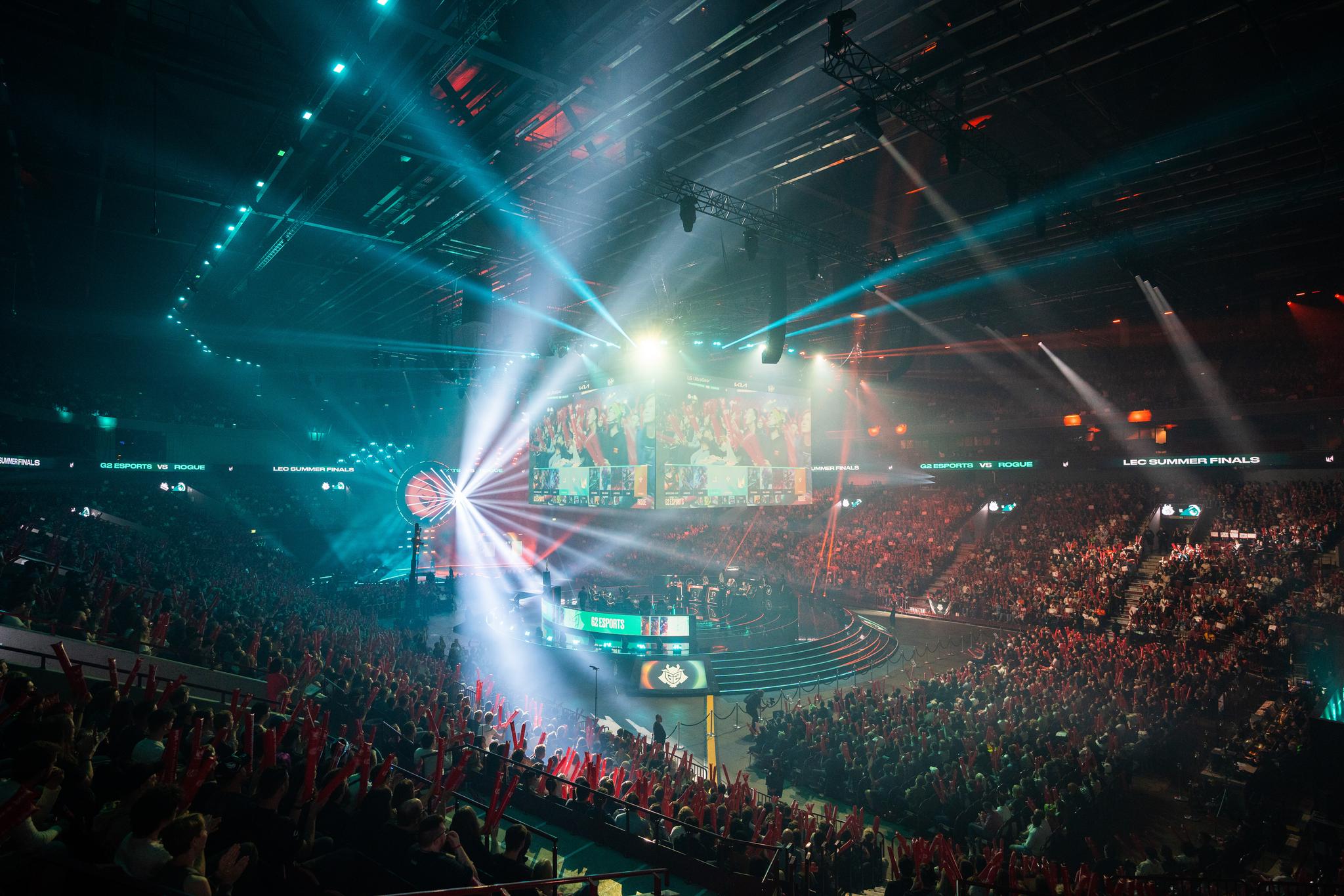 A wide shot of a full arena during the LEC opening ceremony.
