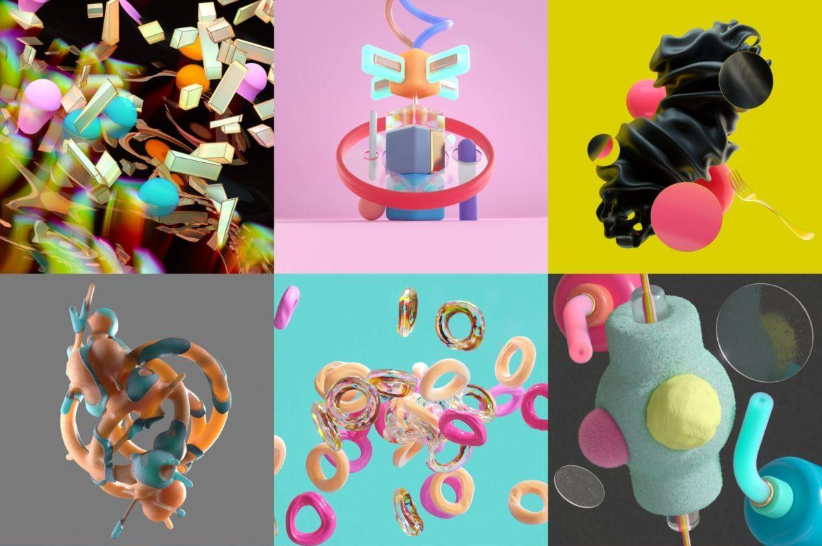 Examples of Duncan McDade's colorful 3D work. Abstract shapes mingle on colorful backgrounds.